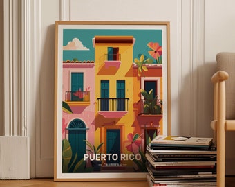 Peut inclure: Une illustration colorée d'un bâtiment à Porto Rico. Le bâtiment est jaune, rose et vert avec une porte et des fenêtres bleues. Le texte "PUERTO RICO - CARAÏBES" est en bas de l'image.