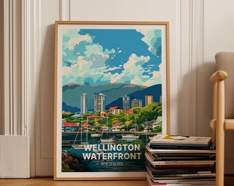Wellington Waterfront New Zealand Travel Poster, Scenic Wall Art, C20-935