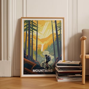 Mountain Biking Adventure Travel Poster, Cycling Enthusiast Wall Art, Extreme Sports Decor, Nature Inspired Gift for Bikers, C20-314