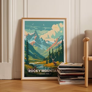 Póster del Parque Nacional de las Montañas Rocosas, arte de pared inspirado en viajes, decoración de aventuras, impresión de paisaje natural, idea de regalo única, C20-882