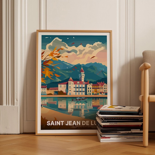 Affiche Saint Jean Luz France, art du Pays Basque, décoration murale de voyage paysage urbain, idée cadeau unique de pendaison de crémaillère et d'anniversaire, C20-985