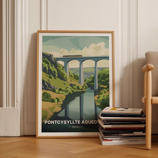 Wales Travel Poster, Pontcysyllte Aqueduct Art, Llangollen Canal Decor, Welsh Landscape, Narrowboat Adventure Wall Art, C20-1128