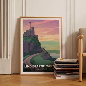 Lindisfarne Castle Travel Poster, Northumberland Holy Island, Vintage Style Wall Art, National Park & Bamburgh Castle Decor, C20-1589