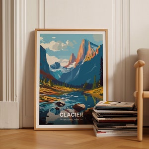 Cartel de viaje del Parque Nacional Glaciar, Arte de la pared del paisaje escénico, Decoración del hogar inspirada en la naturaleza, Obras de arte de turismo de aventura, C20-888