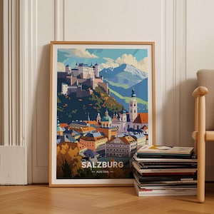 Póster de viaje de Salzburgo, Austria, arte mural de paisaje urbano artístico, decoración de destino europeo, idea de regalo de viaje única, C20-478