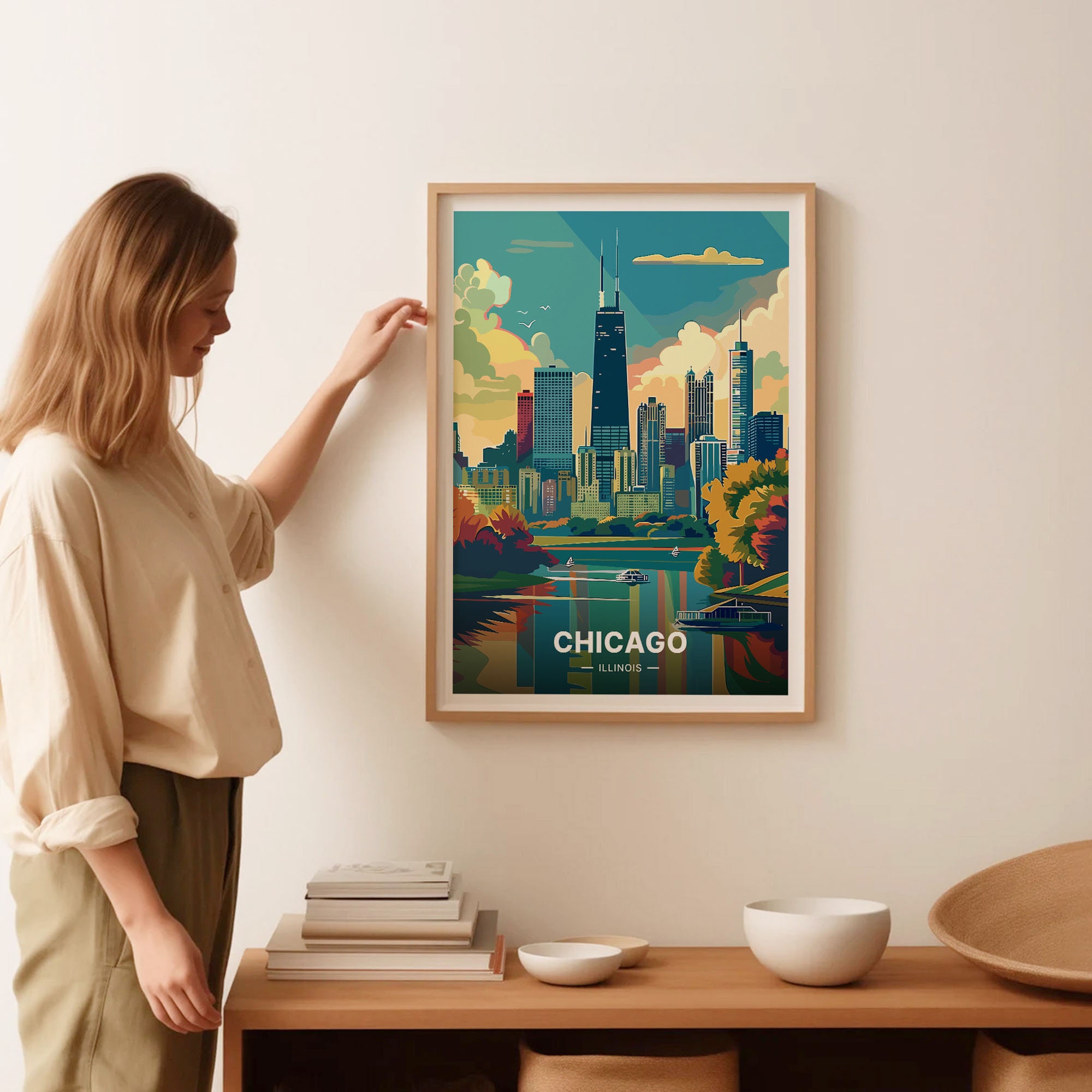 Chicago Skyline Travel Poster, Illinois Cityscape Wall Art, Home