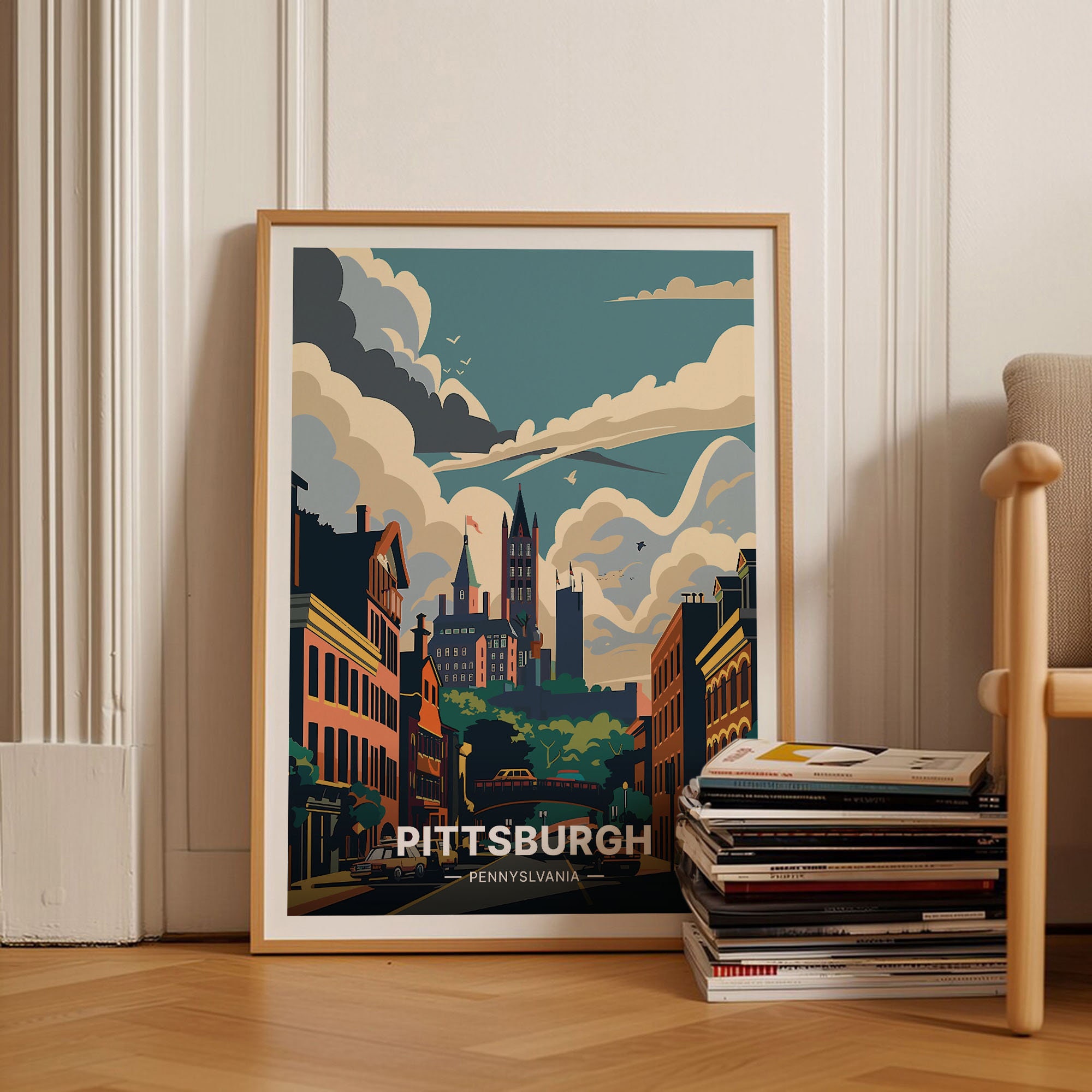 Pittsburgh Skyline Travel Poster, Pennsylvania Cityscape Wall Art, Home & Office Decor, Art Lover Gift Idea, C20-1637