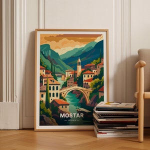 Cartel de viaje de Mostar Bosnia, Arte paisajístico de Herzegovina, Decoración de la pared del puente Stari Most, Decoración de la habitación del paisaje urbano, Viaje único, C20-538