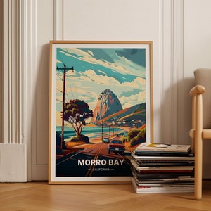 Póster de viaje de Morro Bay, arte mural costero de California, decoración de paisajes escénicos, idea de regalo para amantes del arte, C20-1259