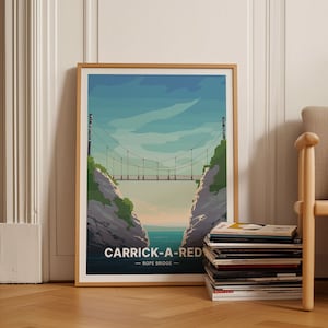 Northern Ireland Travel Poster, Carrick-A-Rede Rope Bridge Art, Belfast Wall Decor, Portrush & Bushmills Landscape Print, C20-1104