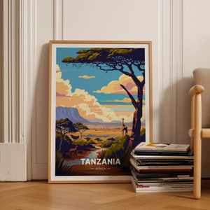 Poster avventura safari in Tanzania, arte murale con paesaggio africano, decorazione da viaggio, regalo per viaggiatori, C20-1067