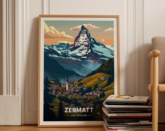 Zermatt Switzerland Poster, Travel Wall Art, Mountain Landscape Decor, Adventure Awaits Theme, C20-487