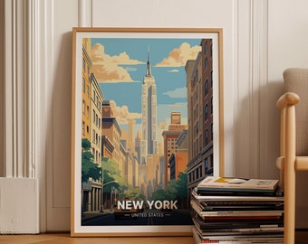 May include: A vintage-style poster with a colorful illustration of the New York City skyline, featuring the Empire State Building and other skyscrapers. The poster has the text "NEW YORK - UNITED STATES -" at the bottom.