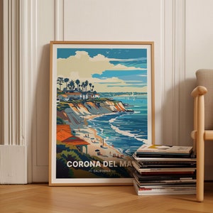 Cartel de Corona Del Mar California, Arte de la pared de viajes de Newport Beach, Decoración del hogar costero, Obras de arte de la escena de la playa, C20-887