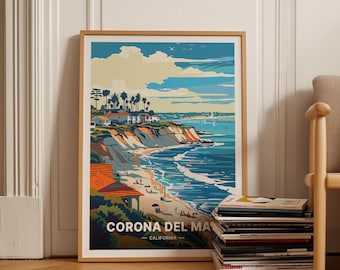 May include: A vintage-style travel poster featuring a colorful illustration of Corona del Mar, California. The poster depicts a beach scene with a coastline, ocean waves, and houses on a cliff. The text "CORONA DEL MAR - CALIFORNIA" is at the bottom of the poster.