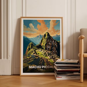 May include: A framed poster with a colorful illustration of Machu Picchu, an ancient Incan city in Peru. The poster has the text "Machu Picchu - Peru" at the bottom.