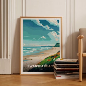 Swansea Beach Travel Poster, Wales Coastal Wall Art, Unique Wedding Gift, Home Decor, Beach Scene Artwork, C20-1944
