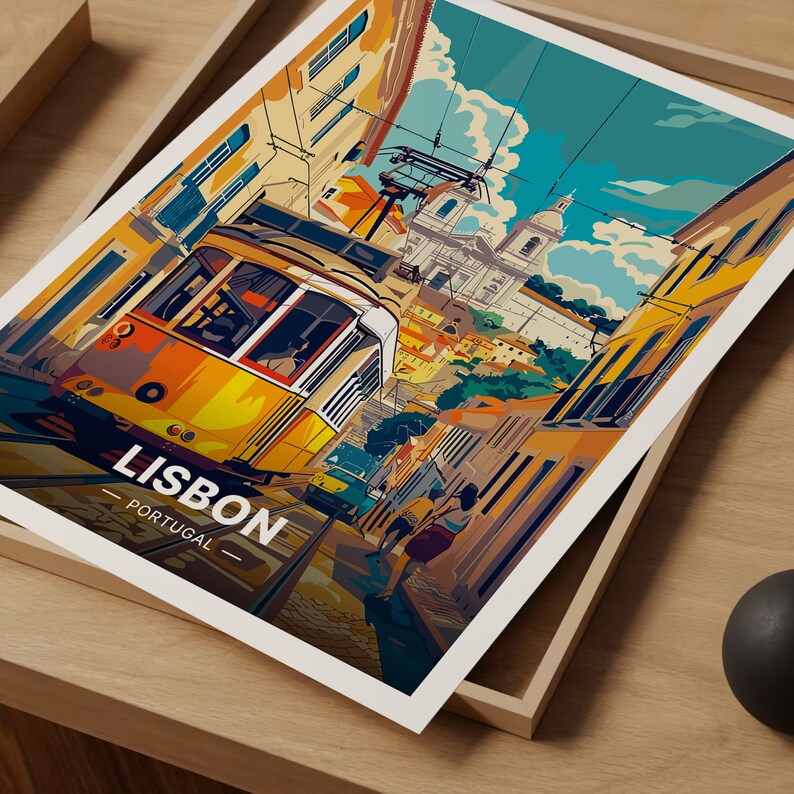 Lisbon Travel Poster, Vibrant Cityscape Art, Portugal Train Journey, C20-316 imagen 5