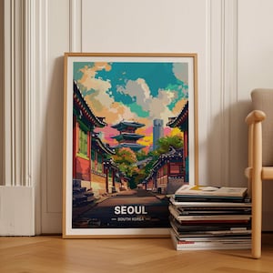 Vintage Seoul Skyline Poster, Korea Reise Wandkunst, Trendiges asiatisches Stadtbild Dekor, Einzigartiges Reisegeschenk, C20-250