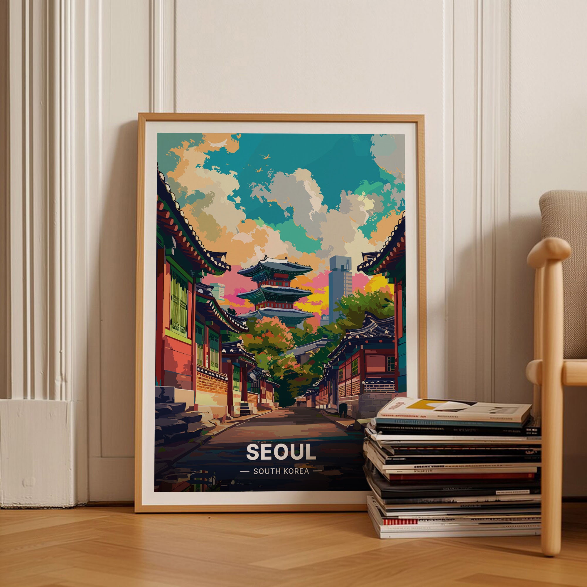 Vintage Seoul Skyline Poster, Korea Travel Wall Art, Trendy Asian Cityscape Decor, Unique Traveler Gift, C20-250