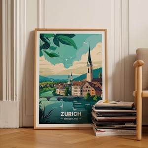 May include: A vintage-style poster with a colorful illustration of the city of Zurich, Switzerland. The poster features a cityscape with a church steeple, a bridge, and a river. The text "Zurich - Switzerland" is printed at the bottom of the poster.