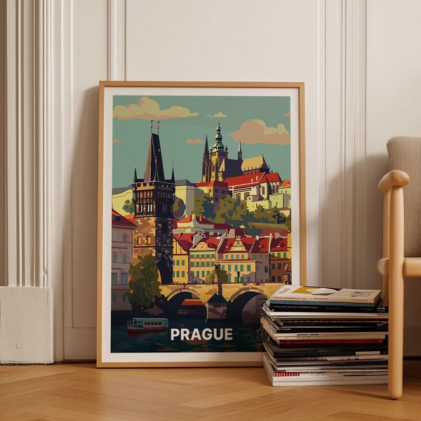 Affiche d'art sur les toits de Prague, décoration de voyage en République tchèque, oeuvre d'art murale paysage urbain pour la maison et le bureau, C20-524