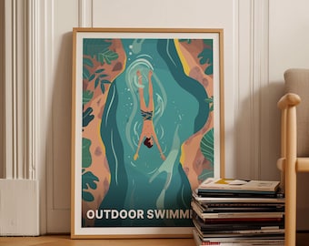 Wild Swimming Art Print, Adventure Travel Poster, C20-735