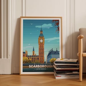 Scarborough England Travel Poster, Yorkshire Coastline Wall Art, Seaside Decor for Home and Office, C20-992