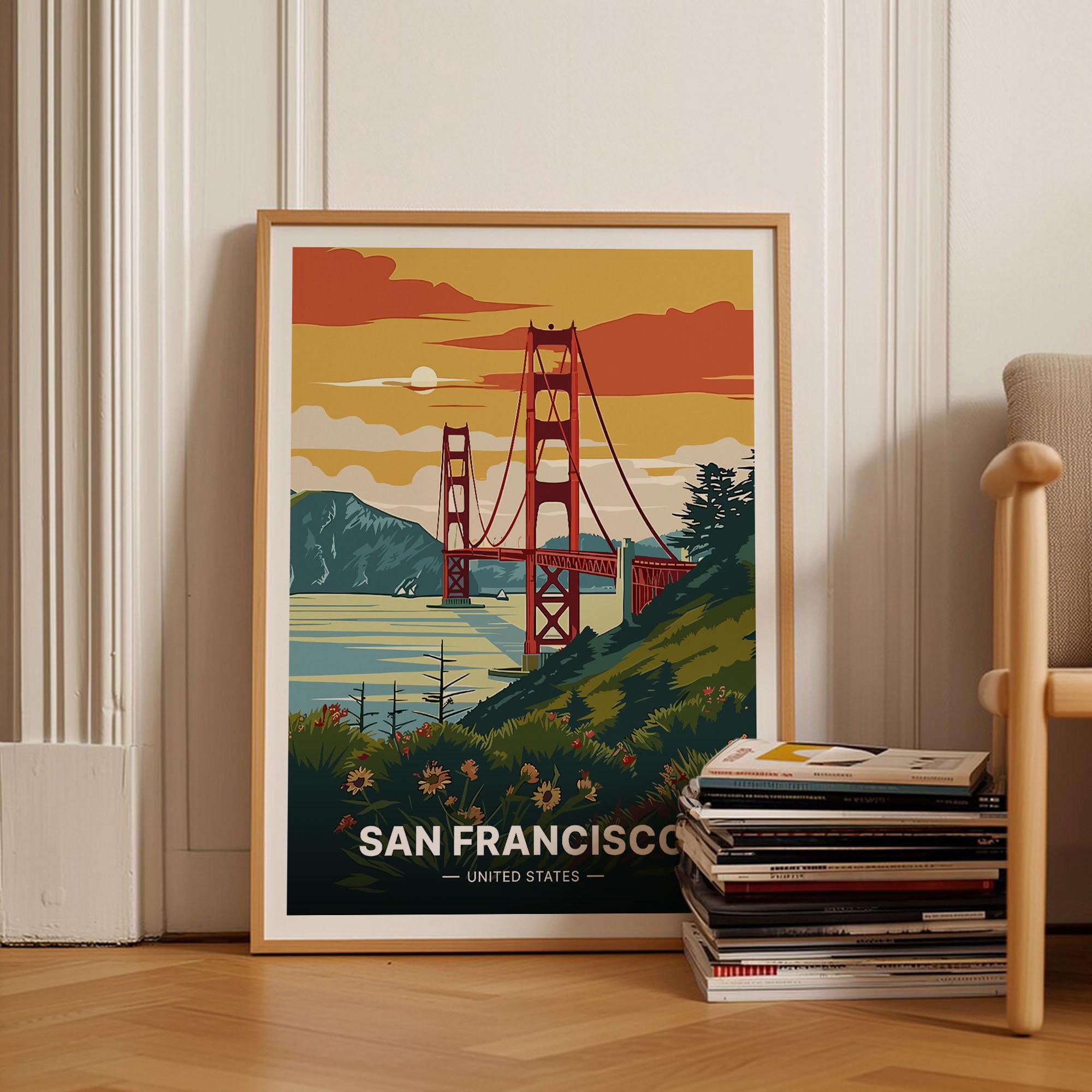 San Francisco Golden Gate Bridge Travel Poster, USA Cityscape Wall Art, Unique Wedding Gift Idea, C20-451