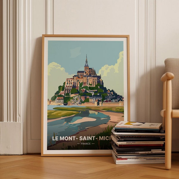 Affiche de voyage Le Mont Saint Michel, art mural France Normandie, décoration de vacances Français, paysage vintage du Mont St Michel, C20-1346
