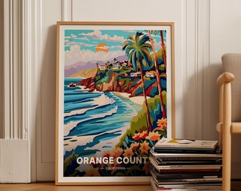 Orange County Travel Poster, California Beach Sunset Art, Mid