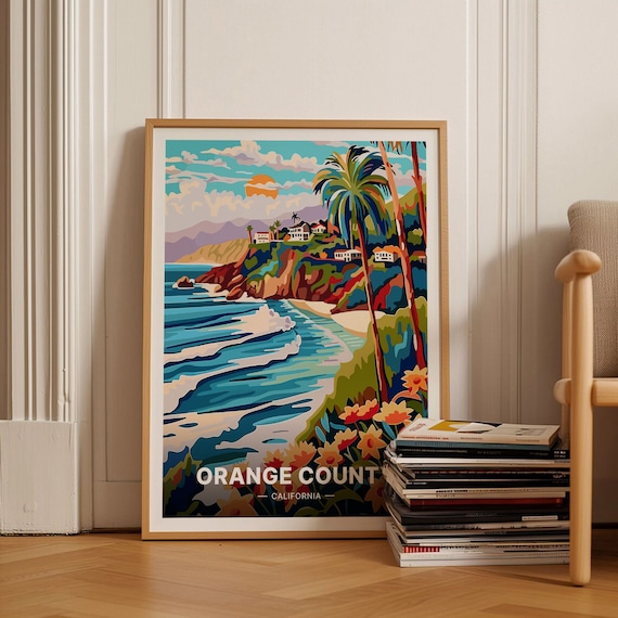 Orange County Travel Poster, California Beach Sunset Art, Mid