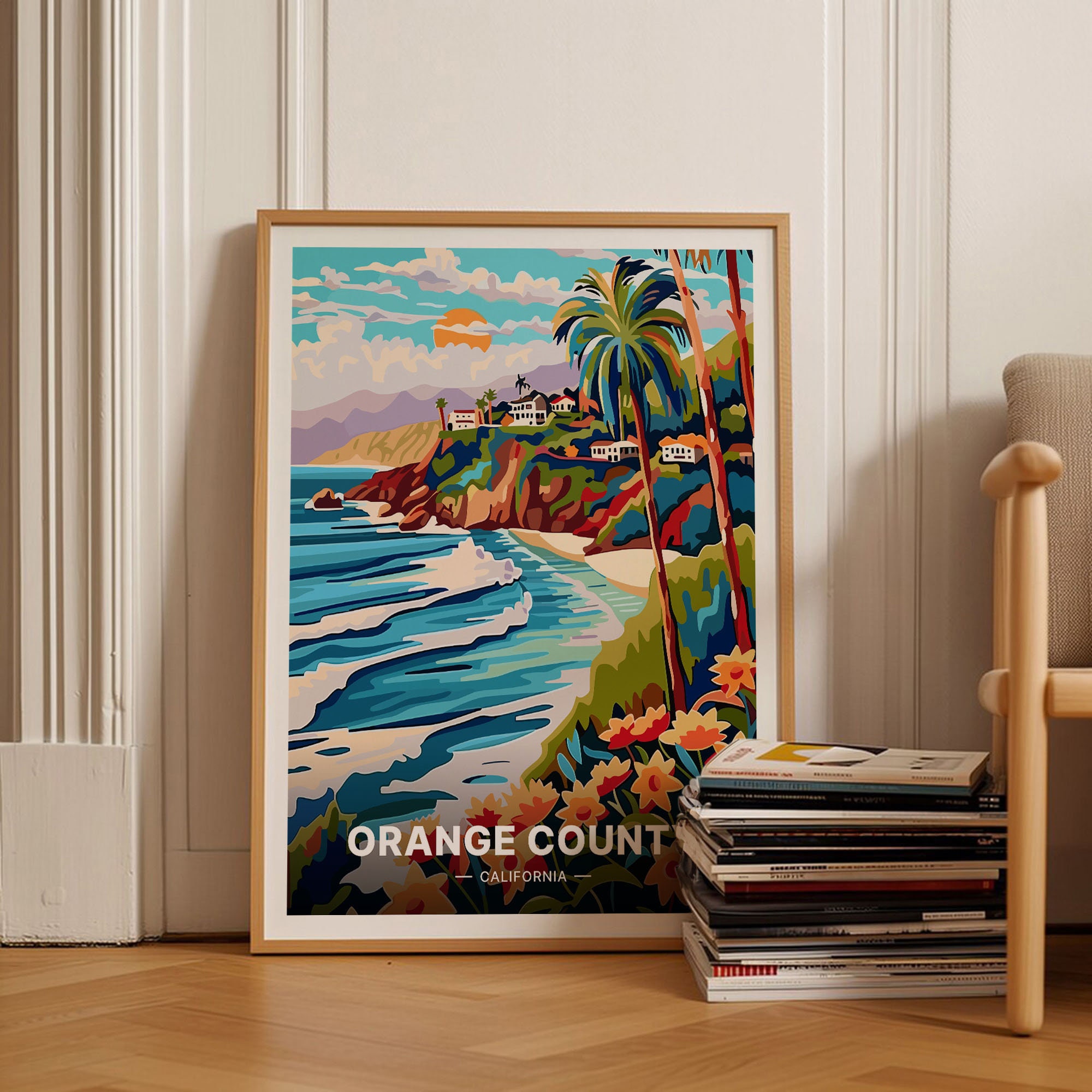 Orange County Travel Poster, California Beach Sunset Art, Mid