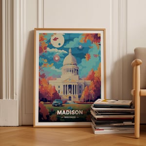 Madison, Wisconsin Travel Poster, Mid-Century Modern Style, Vibrant Eclectic Wall Art for Home Decor, C20-115