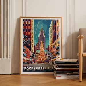 New York City Christmas Poster, Rockefeller Plaza Travel Wall Art, Holiday Home Decor, Gift Idea, C20-690