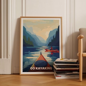 Kayaking Adventure Travel Poster, Canoe Wall Art, National Park Nature Painting, Outdoor Hiking Decor, Adventure Sports Gift, C20-442