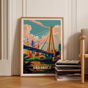 Póster de viaje a São Paulo, Brasil, arte mural moderno de mediados de siglo, decoración maximalista del hogar, impresión de paisaje urbano, C20-373