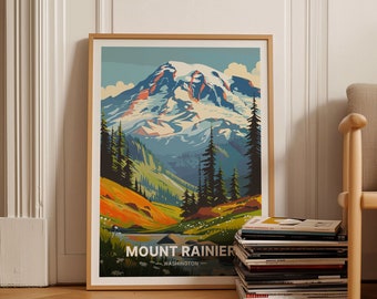 Pode incluir: Um pôster de estilo vintage com uma ilustração colorida do Monte Rainier, uma montanha coberta de neve no estado de Washington. O pôster tem o texto "Mount Rainier - Washington" na parte inferior.