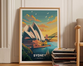 Puede incluir: Un póster de viaje de estilo vintage con la Ópera de Sydney en Australia. El póster tiene un esquema de color azul, amarillo y naranja y representa el edificio icónico con el Puente del Puerto de Sydney en el fondo.