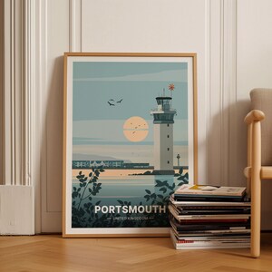 May include: A framed illustration of a lighthouse with a blue, green, and orange color scheme. The text "PORTSMOUTH - UNITED KINGDOM" is at the bottom of the image.