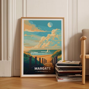 May include: A colorful illustration of a beach scene with a wooden walkway leading to the ocean. The sky is blue with white clouds and a full moon. The text "Margate - United Kingdom" is at the bottom of the image.