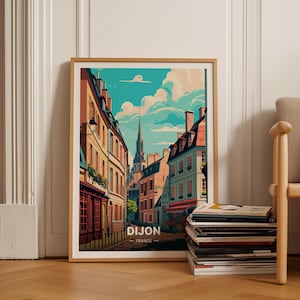 Cartaz de viagem de Dijon, França, decoração de parede artística para entusiastas de viagens, presente de arte de paisagem urbana francesa, C20-1406