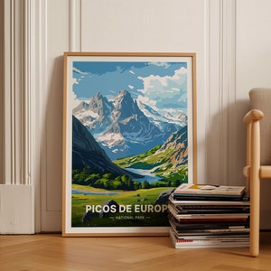 Cartel del Parque Nacional Picos de Europa, Arte de viajes escénicos, Decoración de pared de aventuras, Idea de regalo de explorador, C20-1887