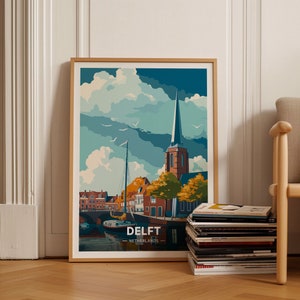 Netherlands Delft Travel Poster, Dutch Cityscape Art, Europe Wall Decor, Travel Lover Gift, Home Decoration, C20-849