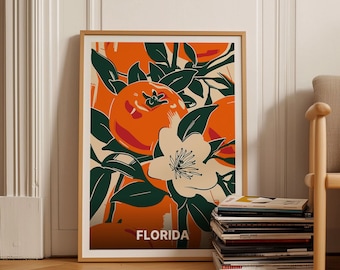 May include: A vintage-style poster with an illustration of orange fruit and white flowers. The poster has a green background and the word "FLORIDA" printed in white at the bottom.