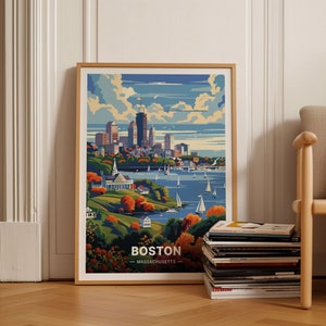 Póster del horizonte de Boston, arte de viaje con paisajes urbanos de Massachusetts, decoración de oficina, ilustración de paisaje urbano, siglo XX.
