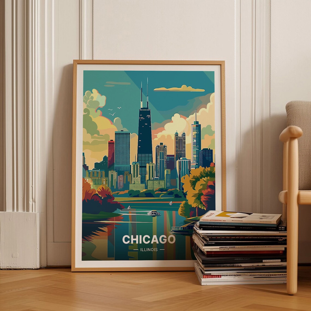 Chicago Skyline Travel Poster, Illinois Cityscape Wall Art, Home