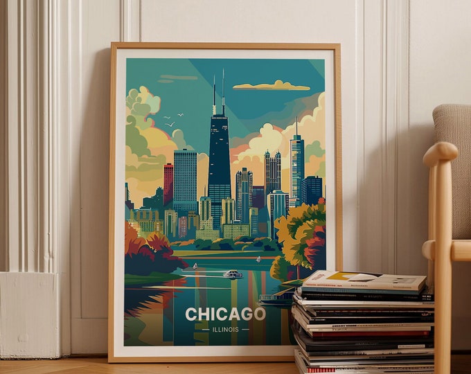 Chicago Skyline Travel Poster, Illinois Cityscape Art, C20-287