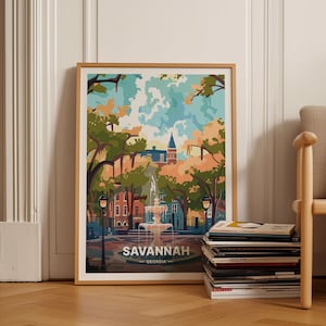 Savannah Forsyth Park Travel Poster, Mid-Century Modern Landscape Art, Eclectic Georgia Wall Decor, C20-805