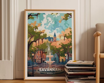 May include: A colorful illustration of a fountain in a park in Savannah, Georgia. The illustration features a fountain with a tall, narrow tower and a large, round basin. The fountain is surrounded by trees and buildings. The sky is blue with white clouds. The text "SAVANNAH - GEORGIA" is at the bottom of the illustration.